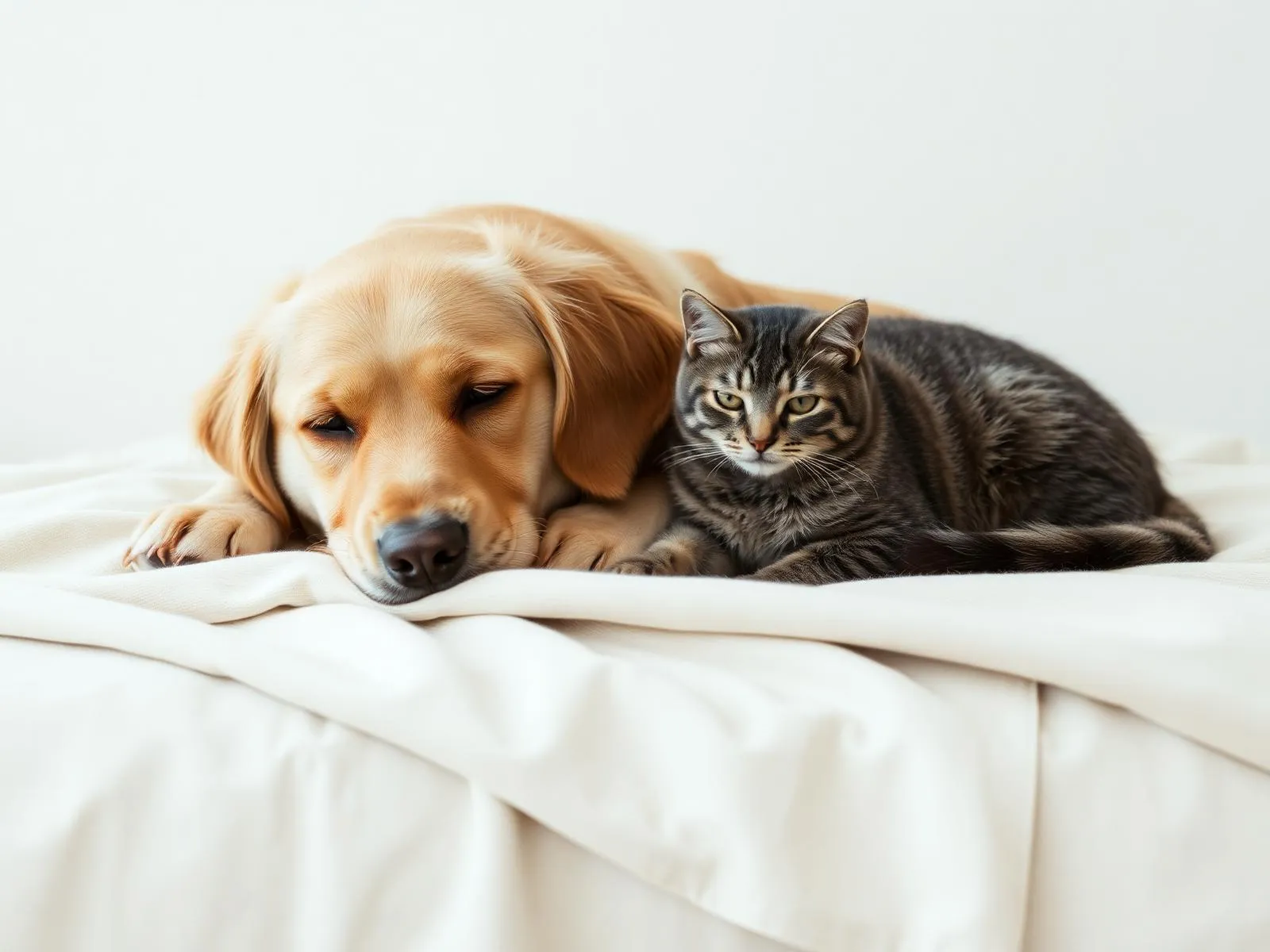 A calm golden retriever and gray tabby cat resting together